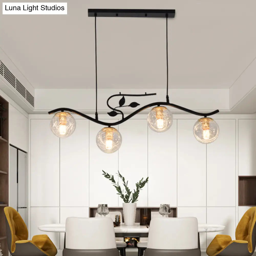 Minimalist Metal Wavy Island Pendant With 4-Light Black Hanging Lamp Ball Glass Shade And Bird Deco