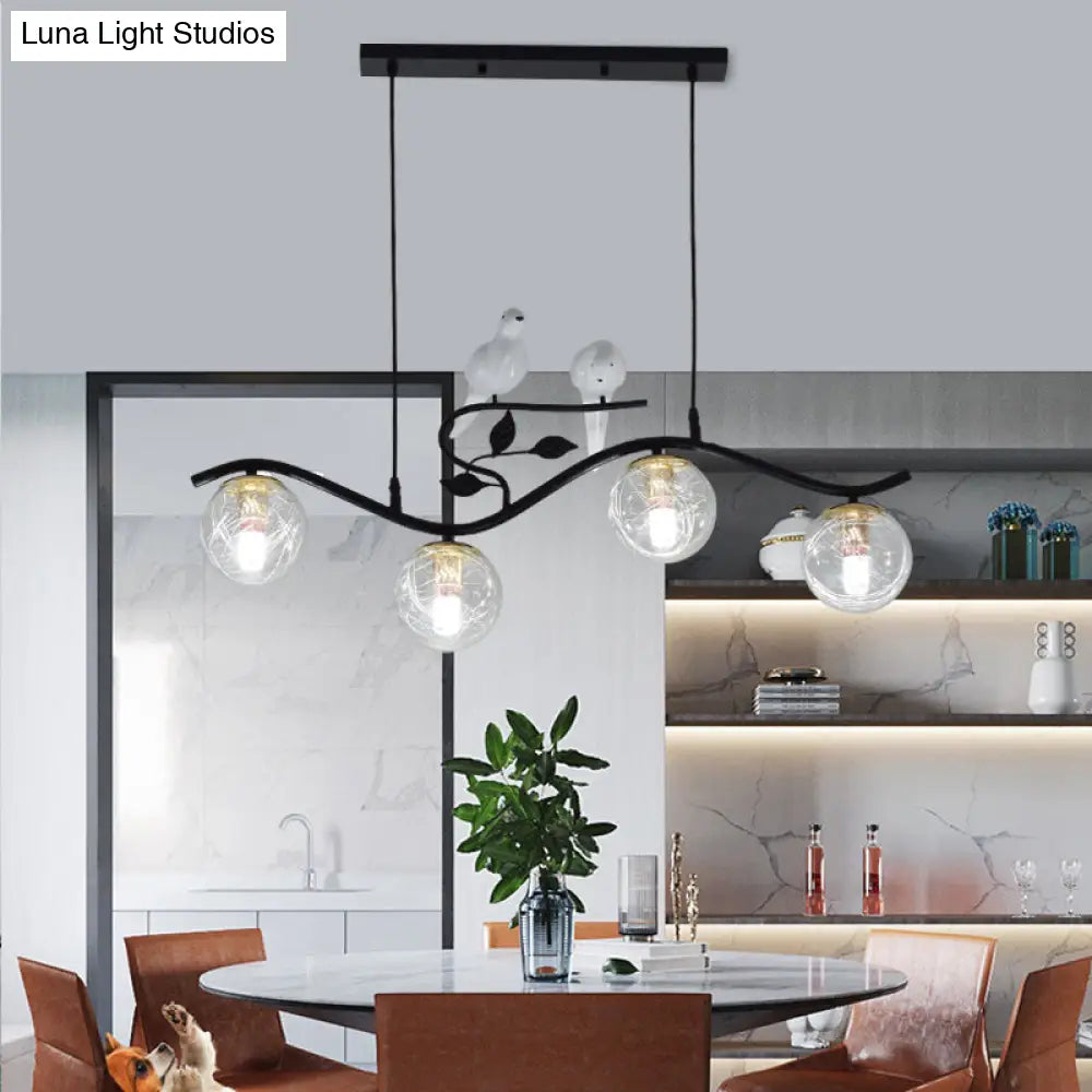 Minimalist Metal Wavy Island Pendant With 4-Light Black Hanging Lamp Ball Glass Shade And Bird Deco