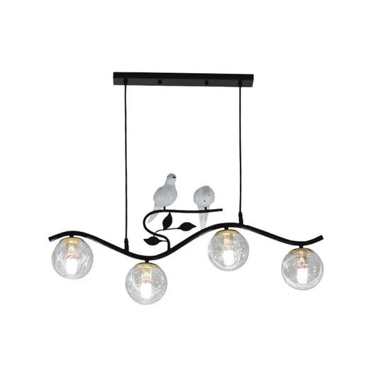 Minimalist Metal Wavy Island Pendant With 4-Light Black Hanging Lamp Ball Glass Shade And Bird Deco