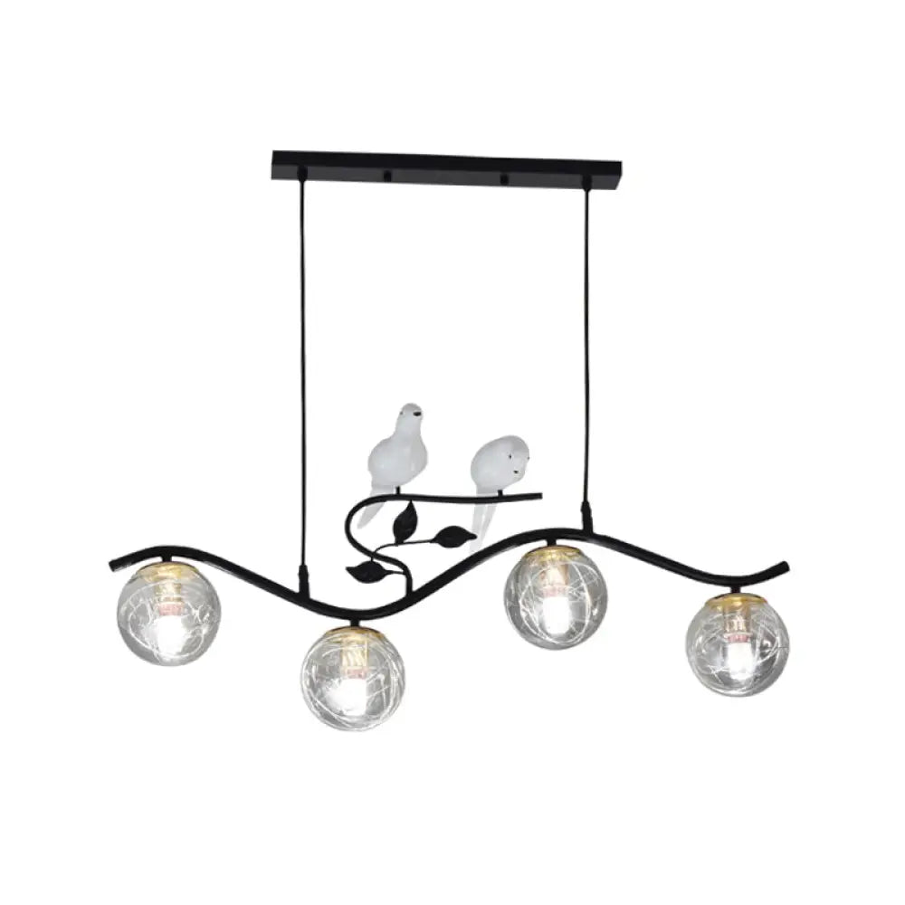 Minimalist Metal Wavy Island Pendant With 4-Light Black Hanging Lamp Ball Glass Shade And Bird Deco