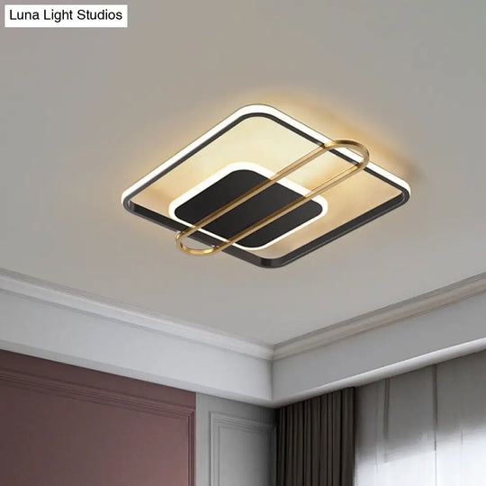 Minimalist Metallic Black/Gold Led Flush Ceiling Light - Circle/Square Shape In Warm/White Black /