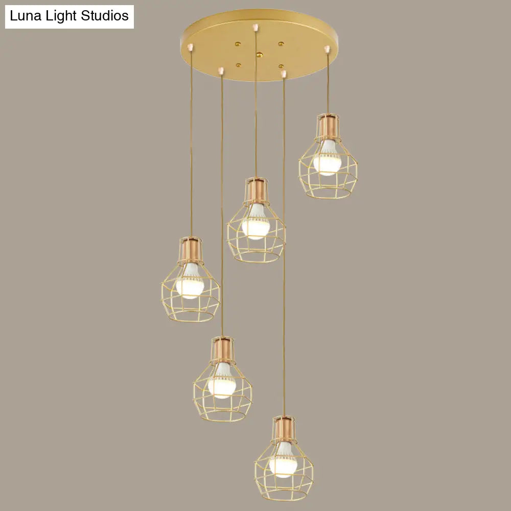 Minimalist Metallic Grenade Cage Ceiling Light - 5 Bulbs Staircase Suspension Lighting