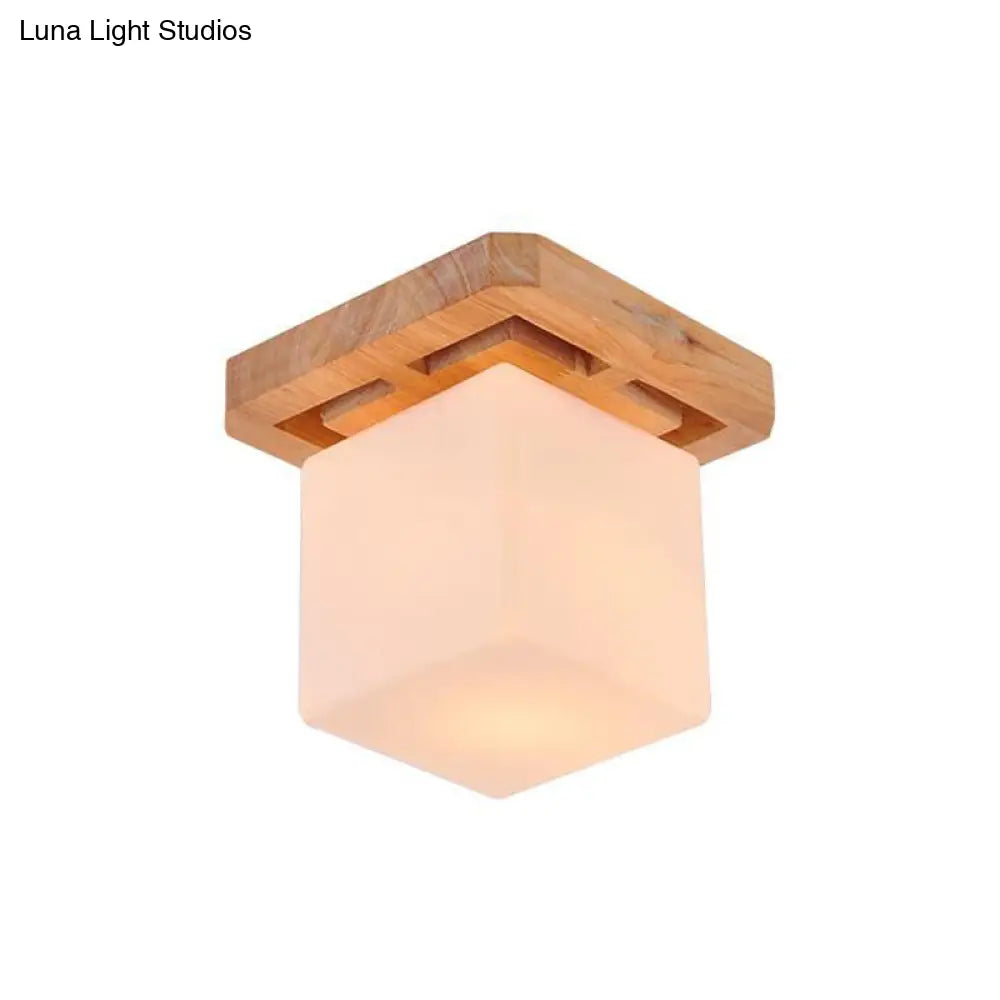 Minimalist Milk Glass Beige Led Cube Flush Mount Lamp With Wood Canopy