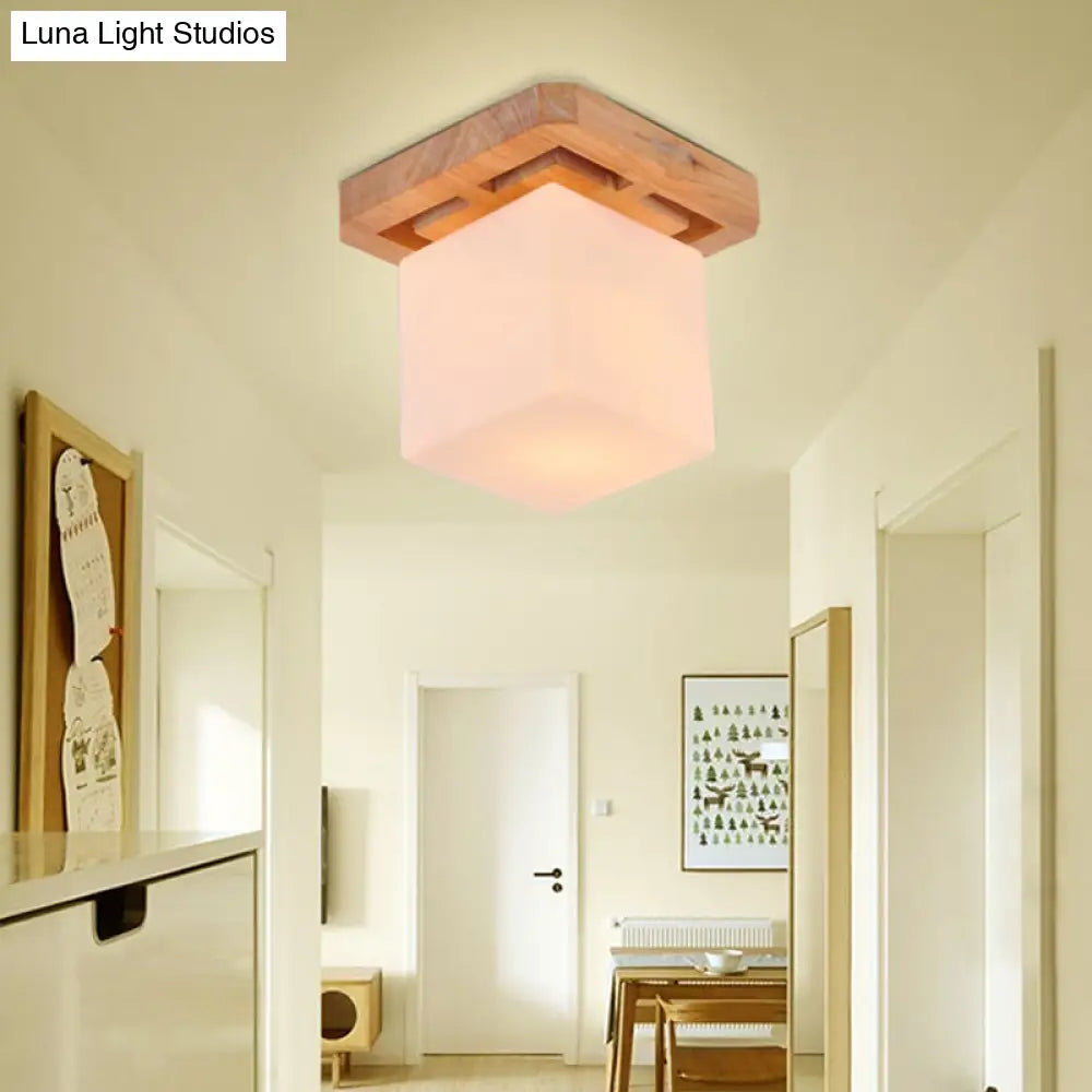 Minimalist Milk Glass Beige Led Cube Flush Mount Lamp With Wood Canopy