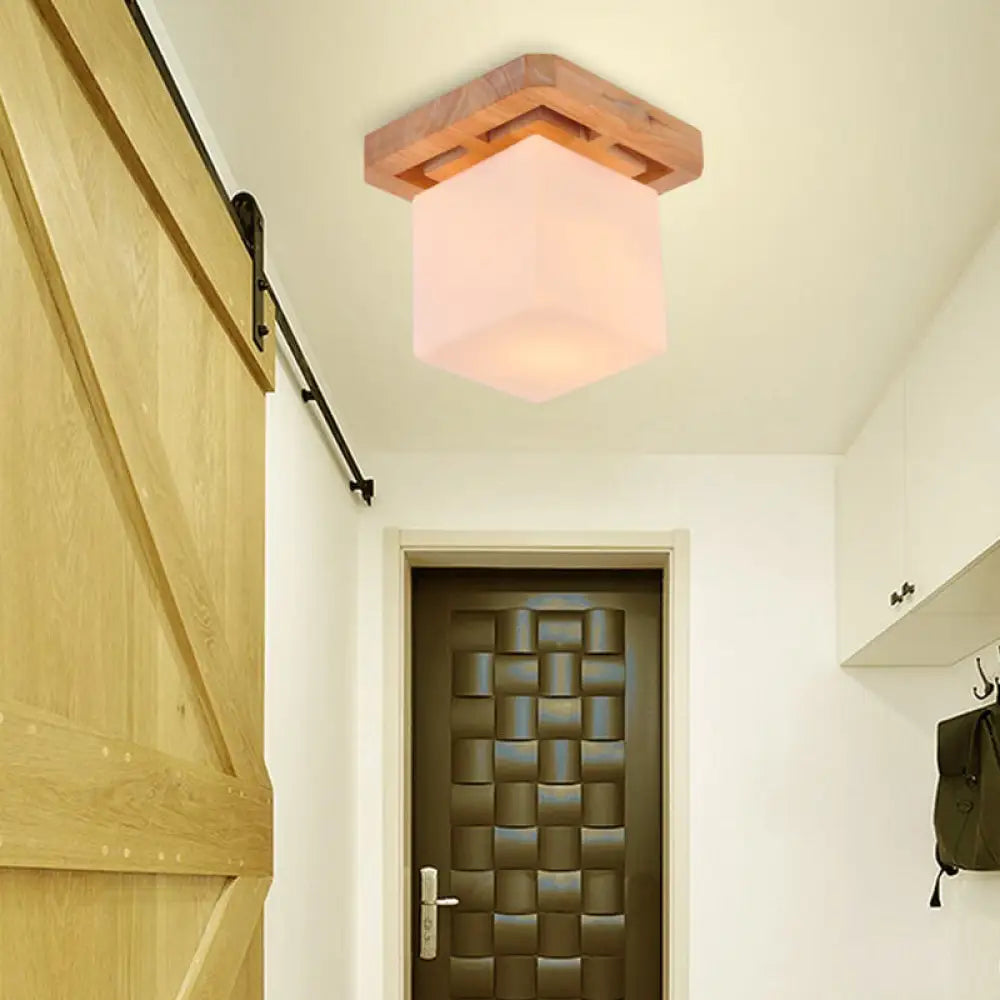 Minimalist Milk Glass Beige Led Cube Flush Mount Lamp With Wood Canopy