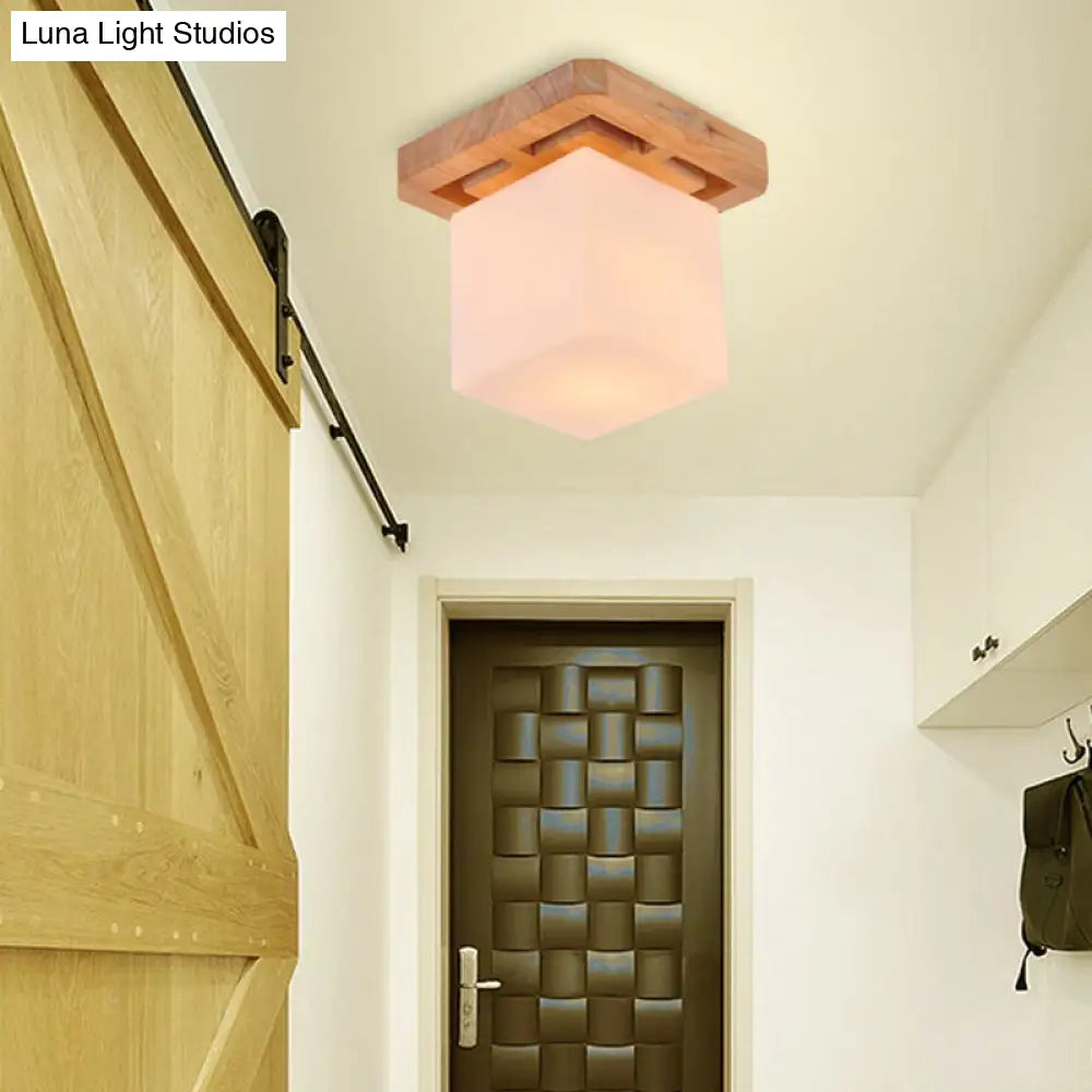 Minimalist Milk Glass Beige Led Cube Flush Mount Lamp With Wood Canopy