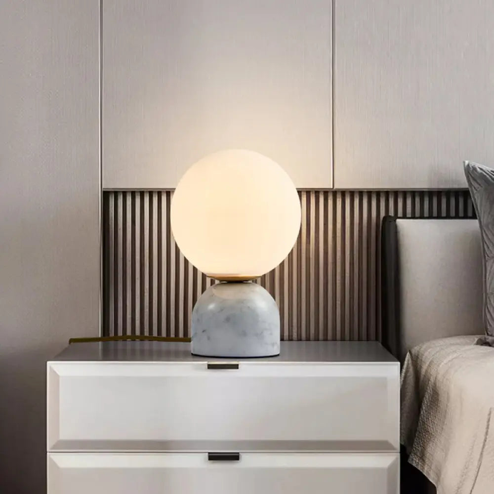 Minimalist Milky Glass Bedside Table Lamp With Marble Pedestal White