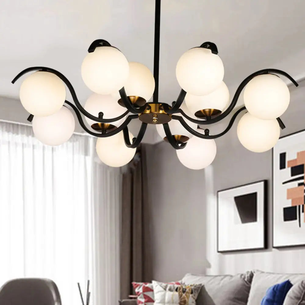 Minimalist Milky Glass Globe Pendant Chandelier - 12 Lights Down Lighting Black Living Room