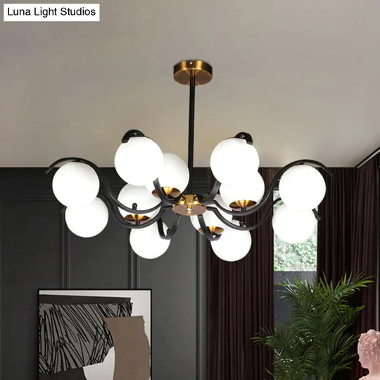 Minimalist Globe Pendant Chandelier - 12 Lights Milky Glass Down Lighting Black