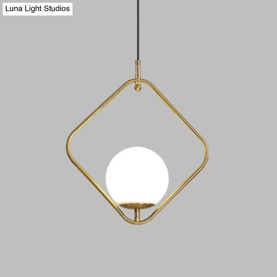 Minimalist Milky Glass Orb Pendant Light With Gold Pendulum And Metal Frame / A