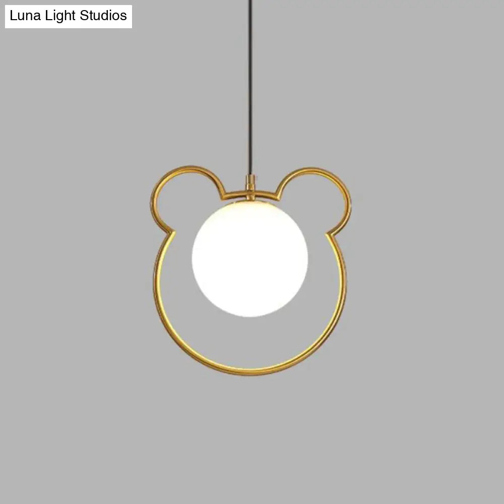 Minimalist Milky Glass Orb Pendant Light With Gold Pendulum And Metal Frame / C