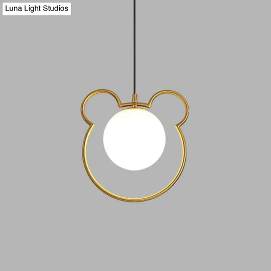 Minimalist Milky Glass Orb Pendant Light With Gold Pendulum And Metal Frame / C