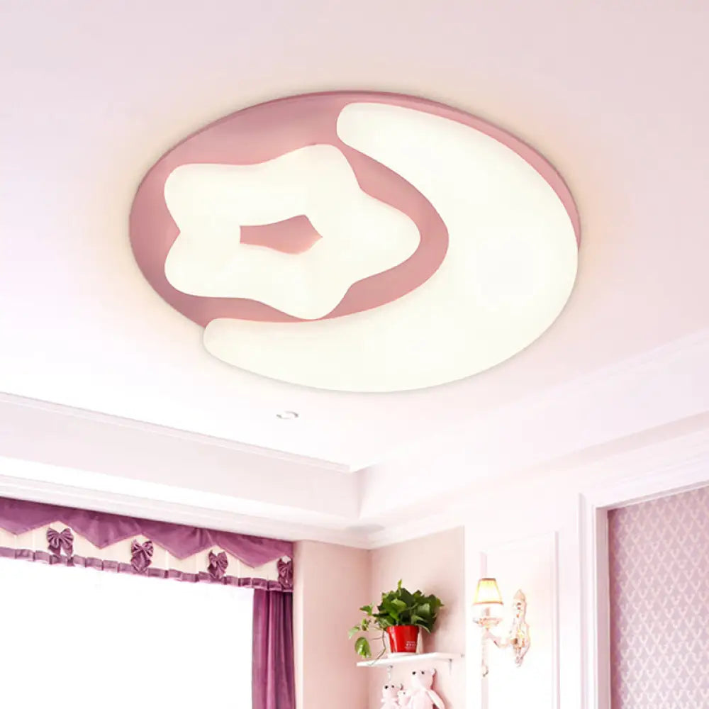 Minimalist Moon And Star Acrylic Flush Mount Led Ceiling Light In Pink/Green/Grey For Bedroom Pink
