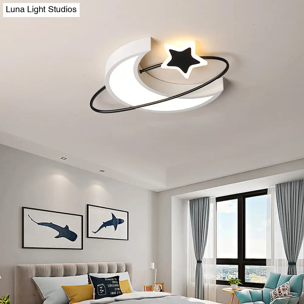 Minimalist Moon & Star Ceiling Light: Acrylic Led Flush Mount In Black-White For Bedrooms