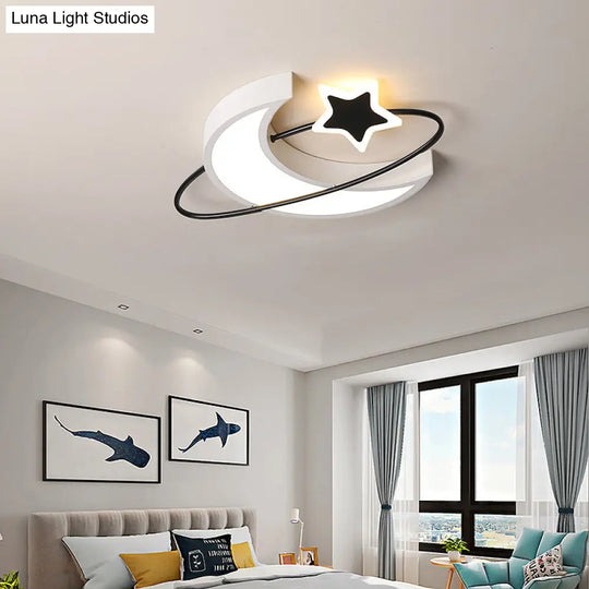 Minimalist Moon & Star Ceiling Light: Acrylic Led Flush Mount In Black-White For Bedrooms