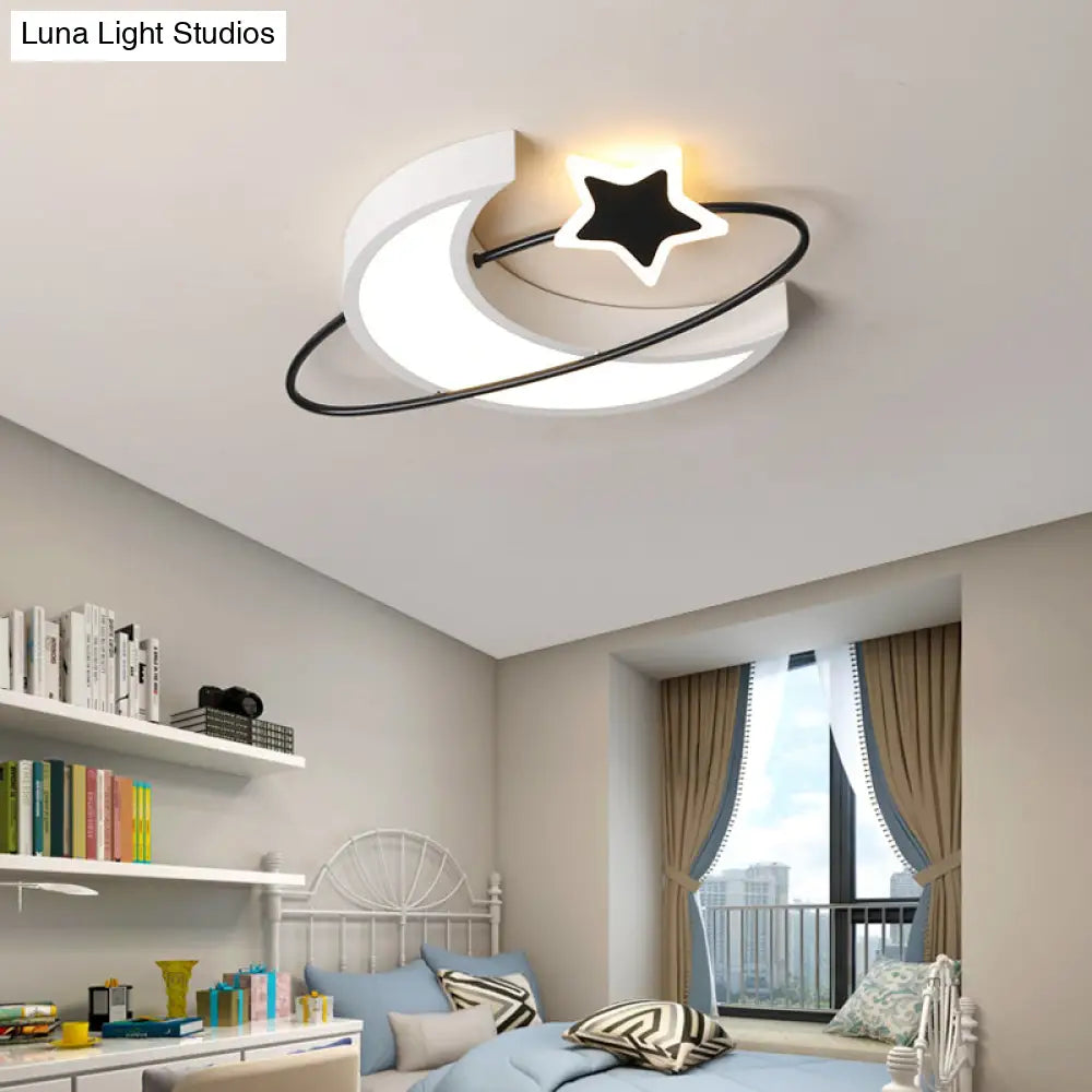 Minimalist Moon & Star Ceiling Light: Acrylic Led Flush Mount In Black-White For Bedrooms