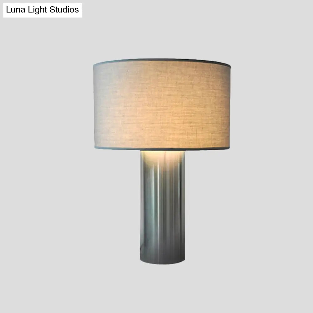 Minimalist Nightstand Lamp: Grey Drum Table Light With Fabric Shade & Plug-In