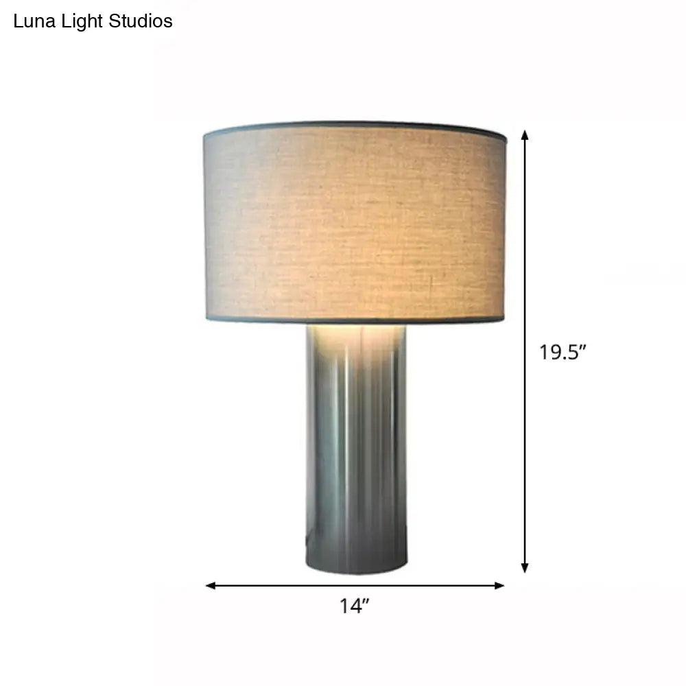 Minimalist Nightstand Lamp: Grey Drum Table Light With Fabric Shade & Plug-In