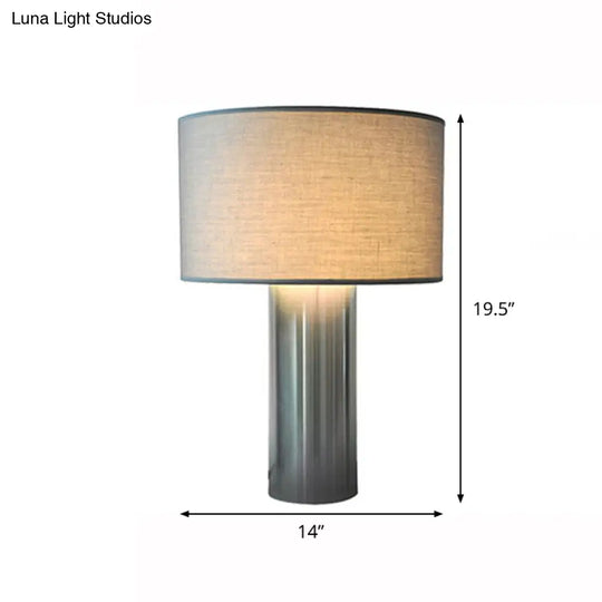 Minimalist Nightstand Lamp: Grey Drum Table Light With Fabric Shade & Plug-In