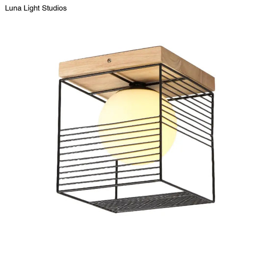 Minimalist Nordic Cage Ceiling Light With Glass Shade And Wood Canopy - Black/White Cubic Iron