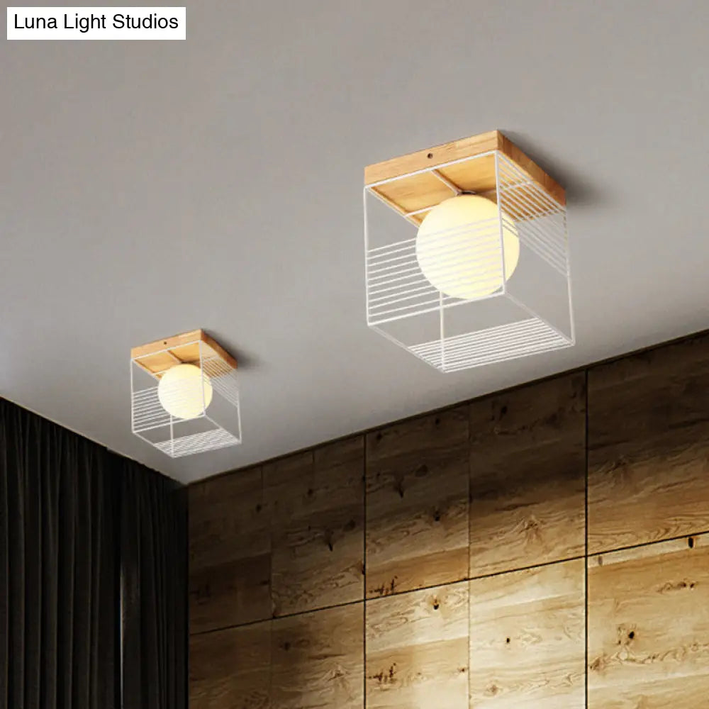 Minimalist Nordic Cage Ceiling Light With Glass Shade And Wood Canopy - Black/White Cubic Iron Flush