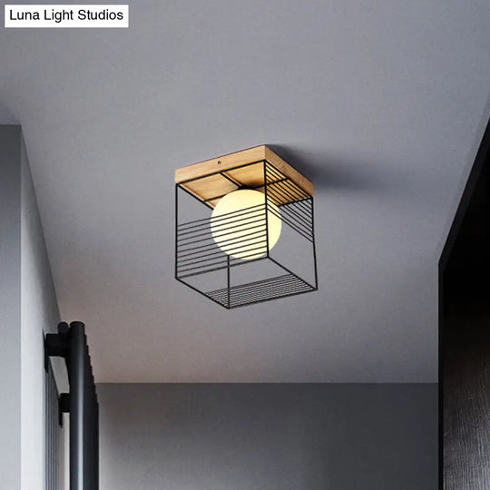 Minimalist Nordic Cage Ceiling Light With Glass Shade And Wood Canopy - Black/White Cubic Iron Flush