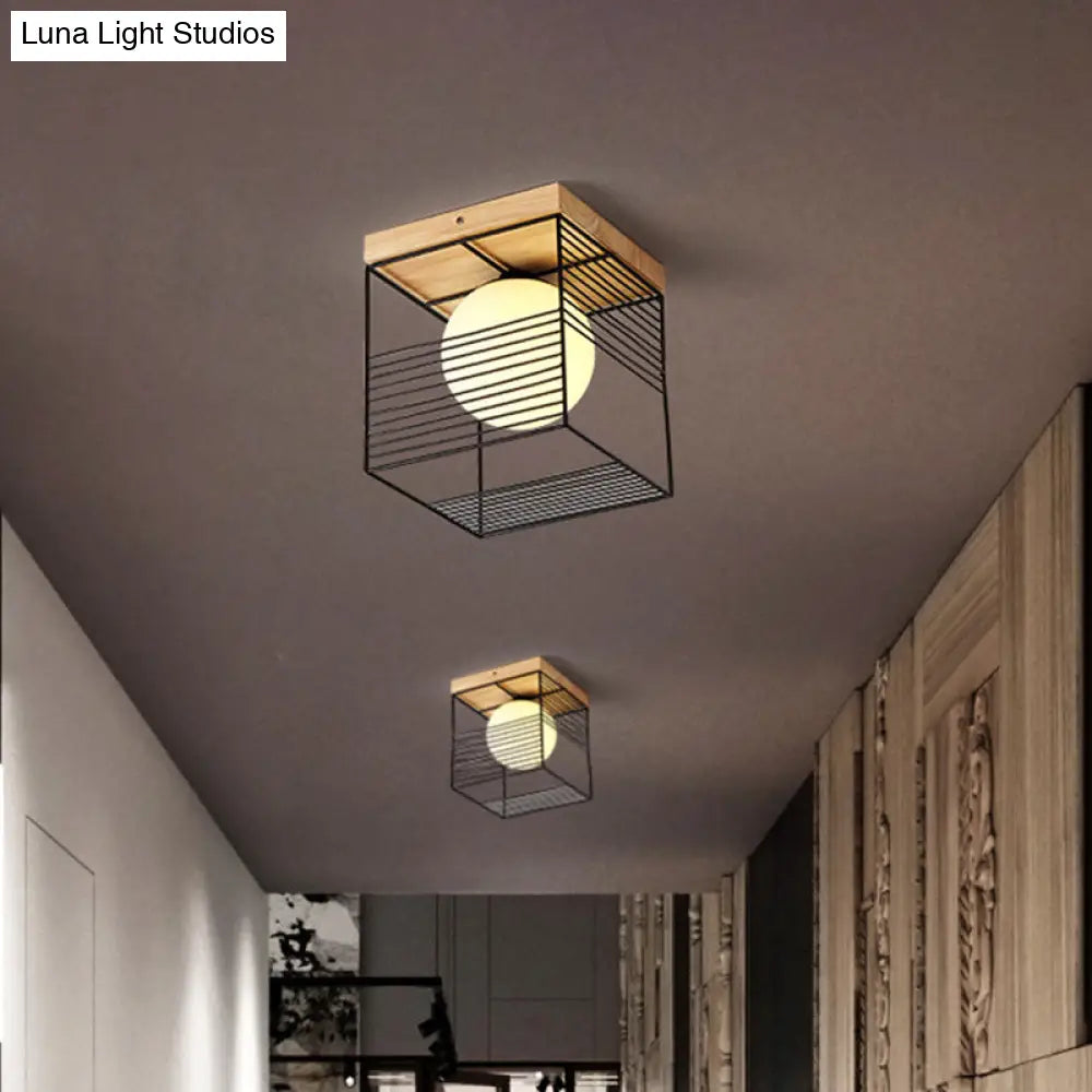 Minimalist Nordic Cage Ceiling Light With Glass Shade And Wood Canopy - Black/White Cubic Iron Flush