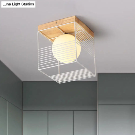 Minimalist Nordic Cage Ceiling Light With Glass Shade And Wood Canopy - Black/White Cubic Iron