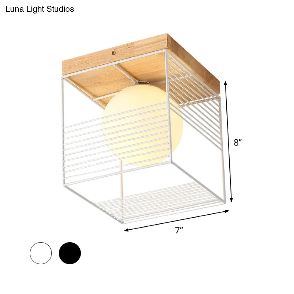 Minimalist Nordic Cage Ceiling Light With Glass Shade And Wood Canopy - Black/White Cubic Iron Flush