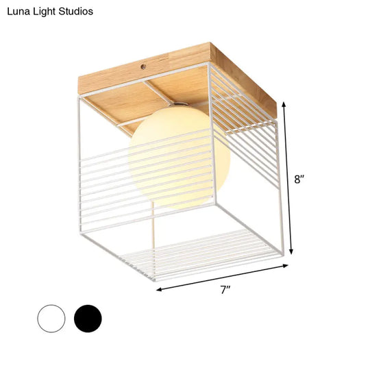 Minimalist Nordic Cage Ceiling Light With Glass Shade And Wood Canopy - Black/White Cubic Iron Flush