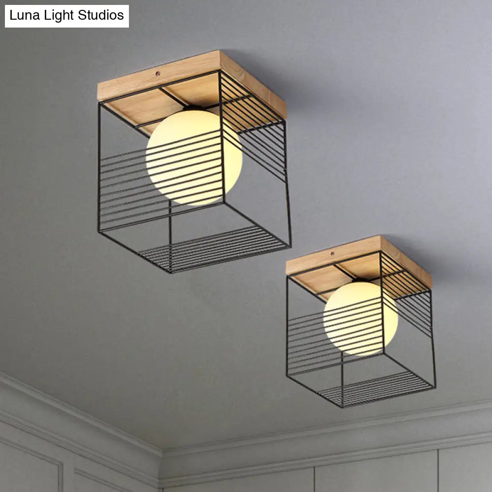 Minimalist Nordic Cage Ceiling Light With Glass Shade And Wood Canopy - Black/White Cubic Iron Flush