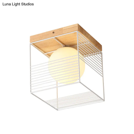 Minimalist Nordic Cage Ceiling Light With Glass Shade And Wood Canopy - Black/White Cubic Iron