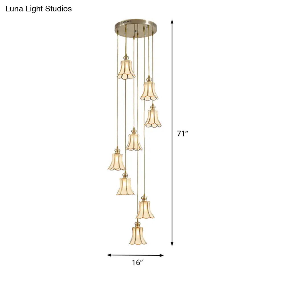 Minimalist Opal Frosted Glass 8-Light Gold Flower Stair Pendant Lamp