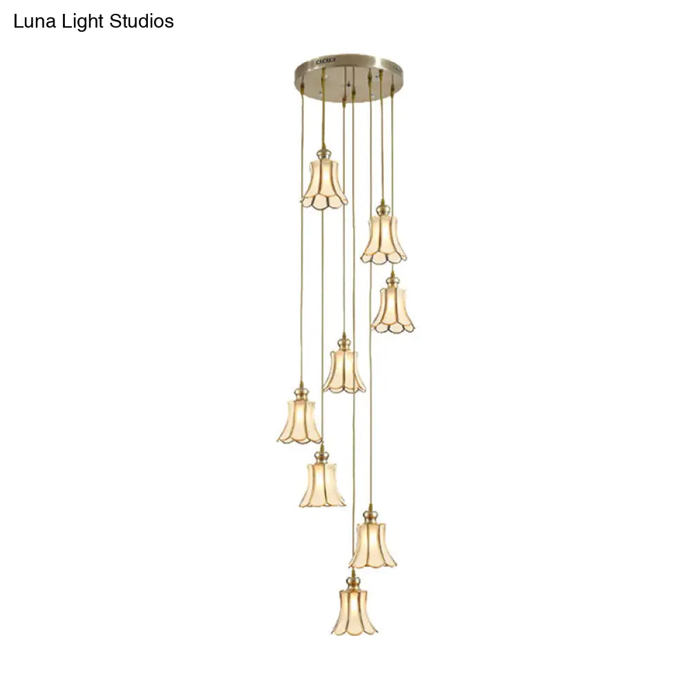 Minimalist Opal Frosted Glass 8-Light Gold Flower Stair Pendant Lamp