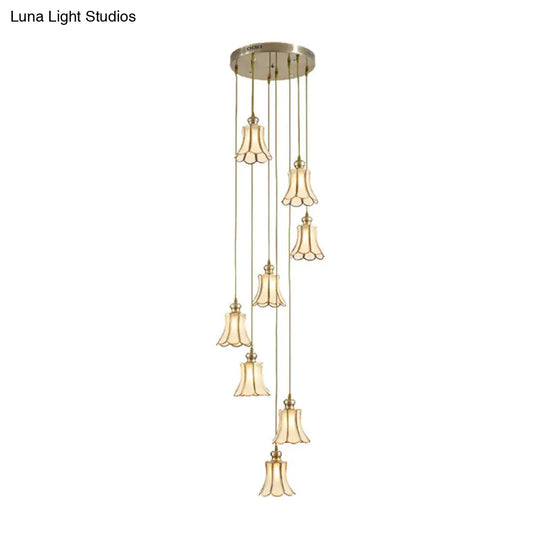 Minimalist Opal Frosted Glass 8-Light Gold Flower Stair Pendant Lamp