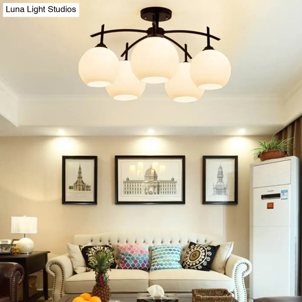 Minimalist Black Domed Flush Ceiling Light With Opal Glass For Living Room
