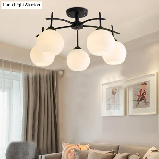Minimalist Black Domed Flush Ceiling Light With Opal Glass For Living Room