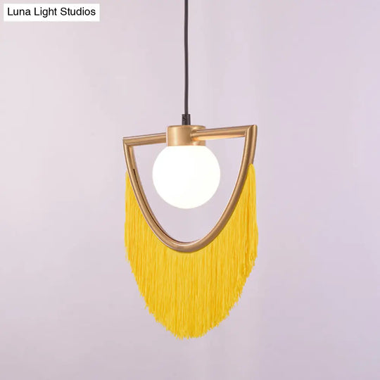 Minimalist Opal Glass Globe Suspension Light: 1-Light Hanging Lamp With Elegant Fringe