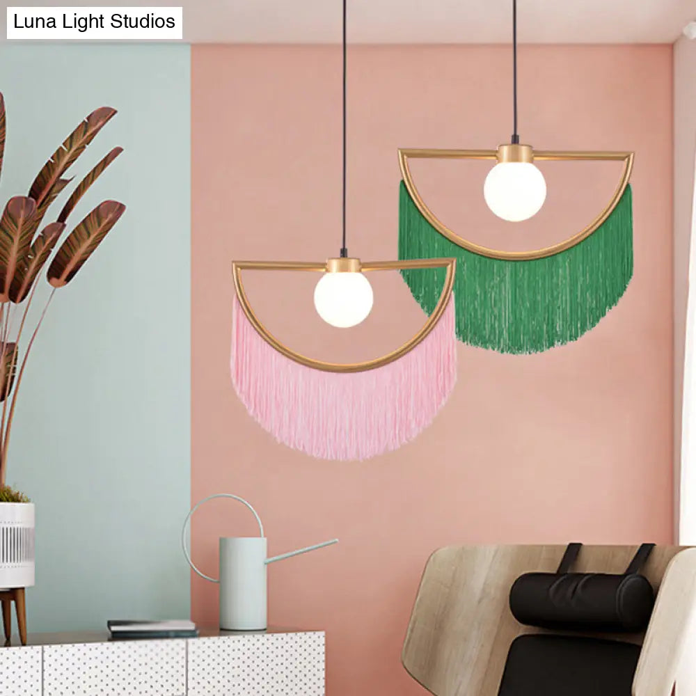 Minimalist Opal Glass Globe Suspension Light: 1-Light Hanging Lamp With Elegant Fringe