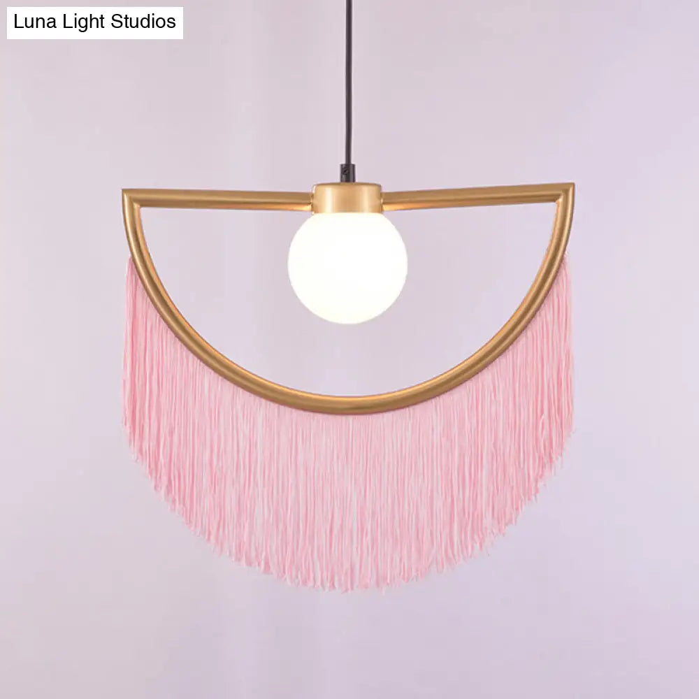 Minimalist Opal Glass Globe Suspension Light: 1-Light Hanging Lamp With Elegant Fringe