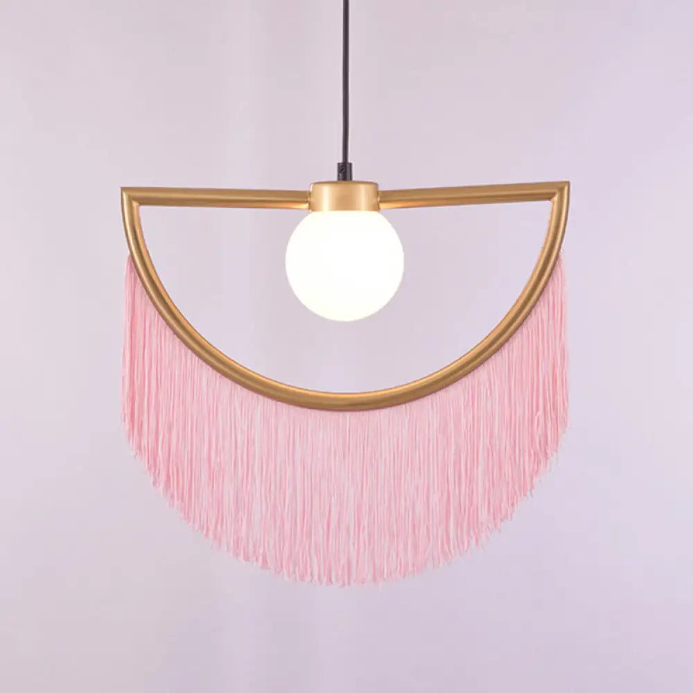 Minimalist Opal Glass Globe Suspension Light: 1-Light Hanging Lamp With Elegant Fringe Pink / 15