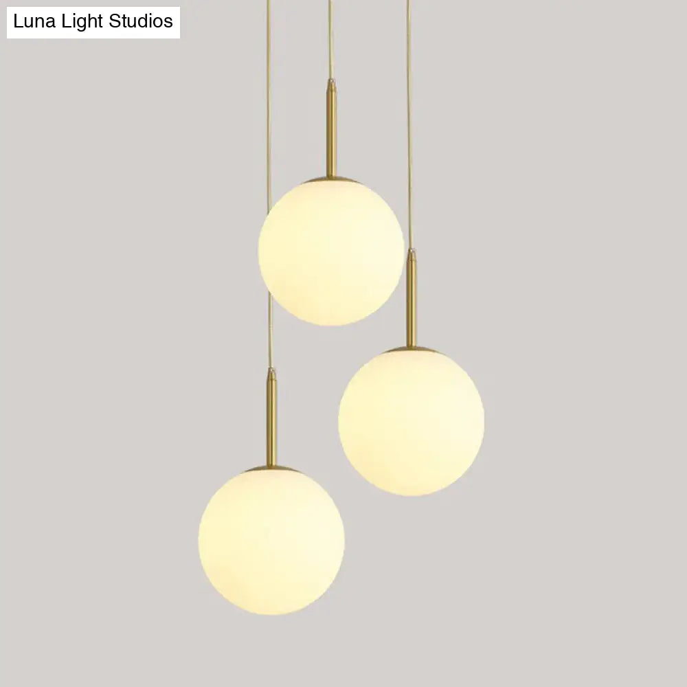 Minimalistic 3-Bulb Gold Pendant Light For Dining Room - Opal Glass Sphere Design