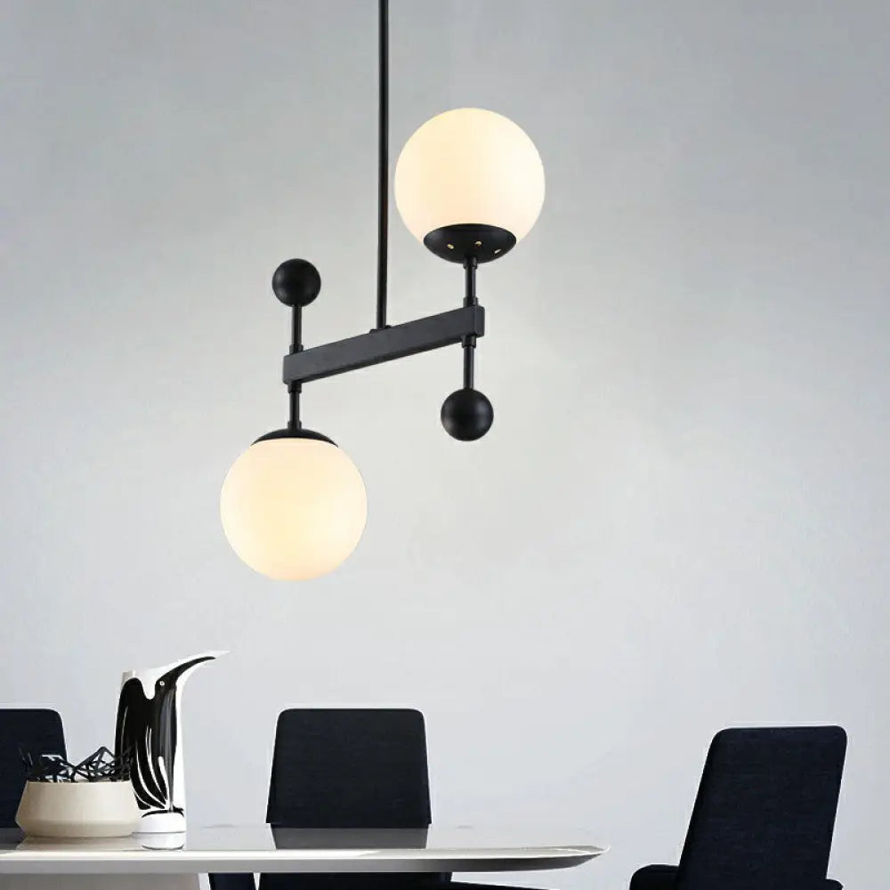 Minimalist Opaline Glass Pendant Chandelier - 2-Head Spherical Light For Dining Room Black