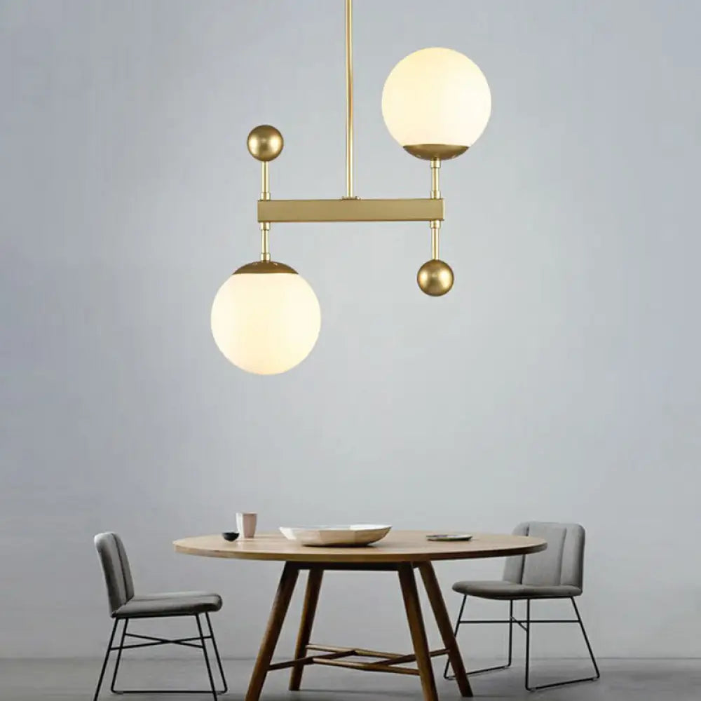 Minimalist Opaline Glass Pendant Chandelier - 2-Head Spherical Light For Dining Room Gold