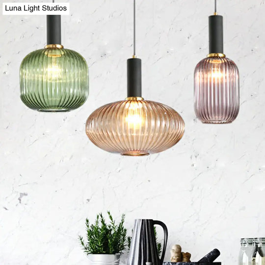 Minimalist Pendulum Light Fixture - Ribbed Glass Bottle Shaped Design 1-Light Dining Room Hanging