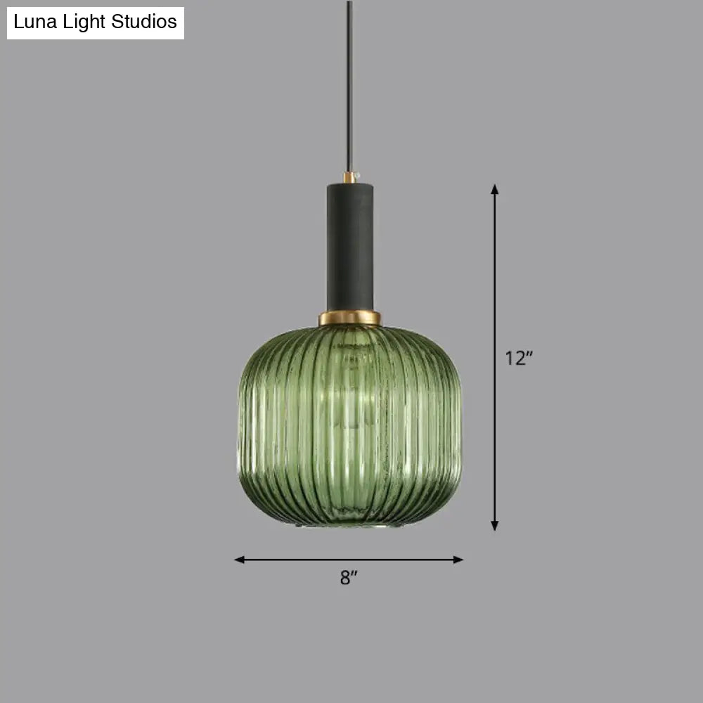 Ribbed Glass Pendant Light - Bottle Shaped Minimalist 1-Light Fixture For Dining Room Green