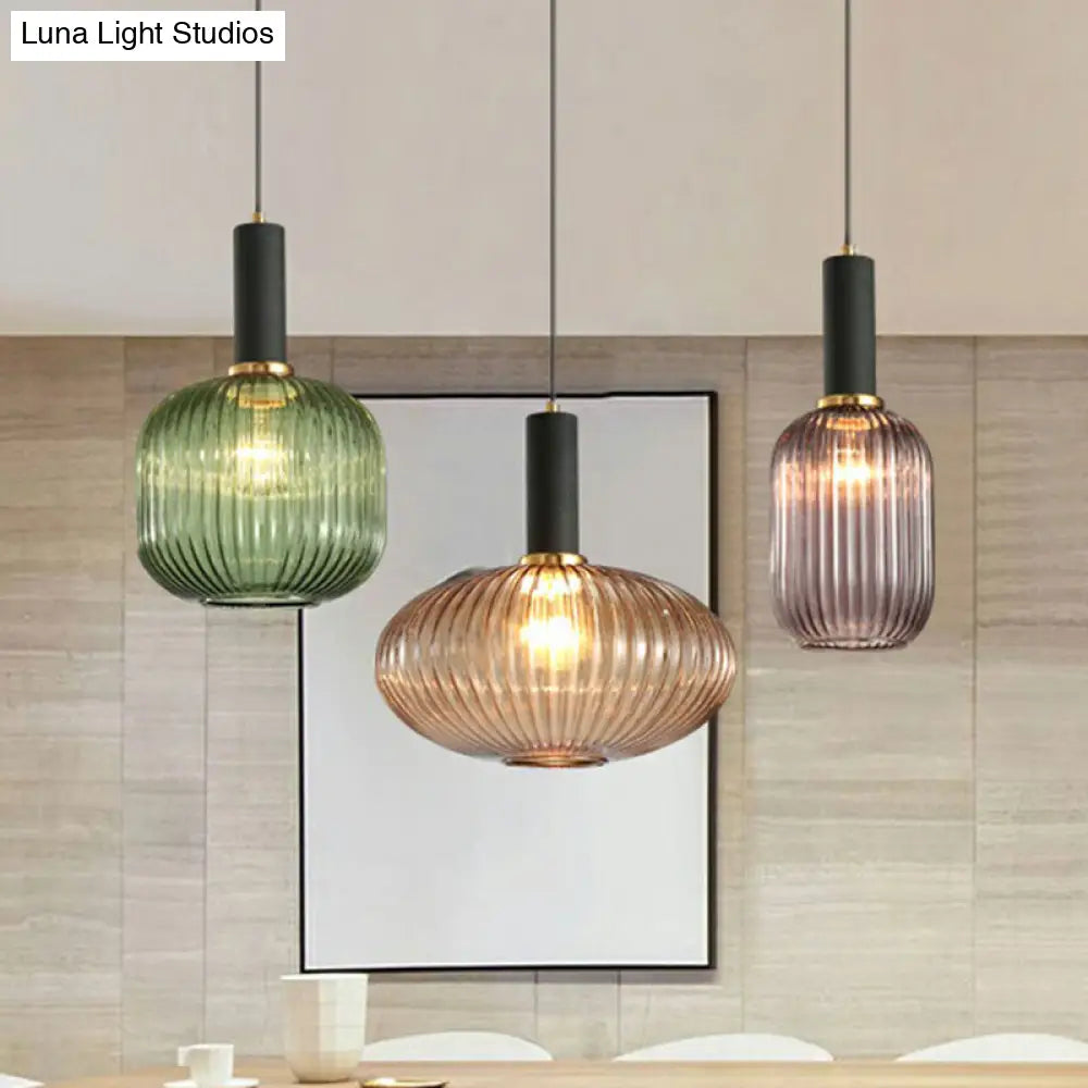 Ribbed Glass Pendant Light - Bottle Shaped Minimalist 1-Light Fixture For Dining Room