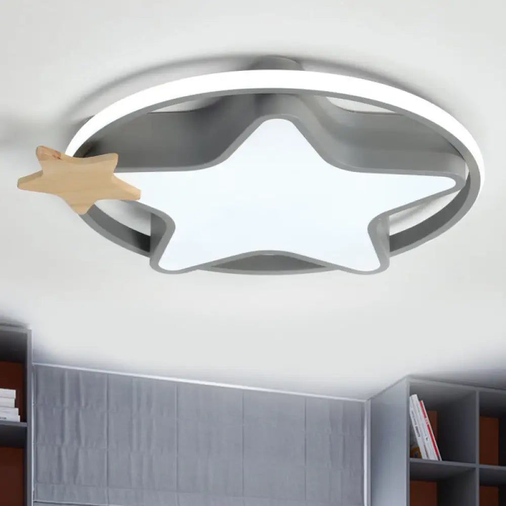 Minimalist Pentagram Led Flushmount Ceiling Lamp For Kids Bedroom In Black/Grey And Wood Grey