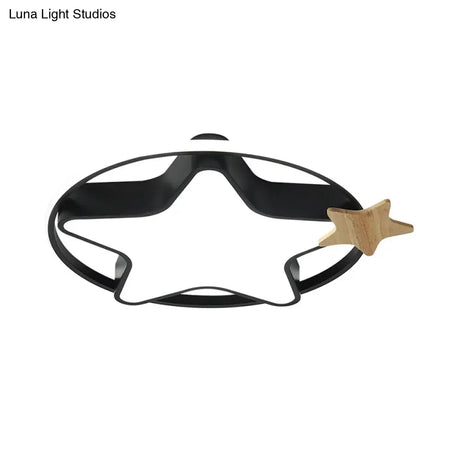 Minimalist Pentagram Led Flushmount Ceiling Lamp For Kids Bedroom In Black/Grey And Wood