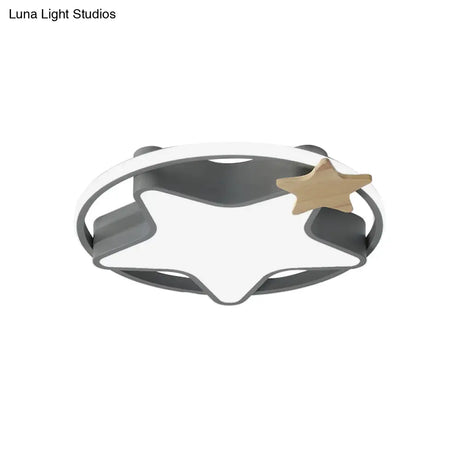 Minimalist Pentagram Led Flushmount Ceiling Lamp For Kids Bedroom In Black/Grey And Wood